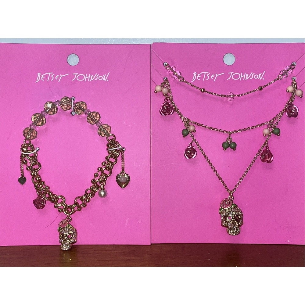 Betsey Johnson Skull Set Day of the Dead Halloween Roses Necklace Bracelet NWT